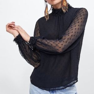 Zara deep blue floral dotted mesh top Medium